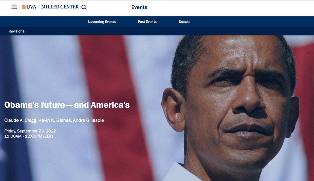 screenshot of Miller Center event title superimposed over photograph of former President Barack Obama