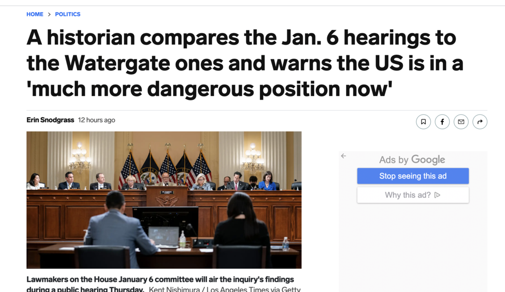 Screenshot of article headline including image of lawmakers on the House January 6 committee