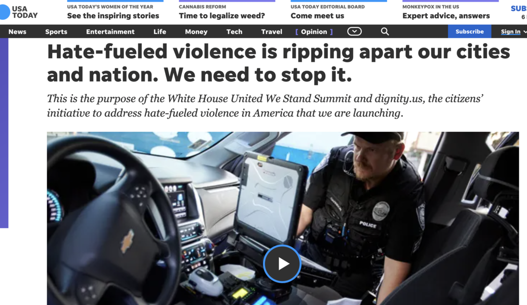 screenshot of USA Today op-ed headline and photograph of police offer examining car