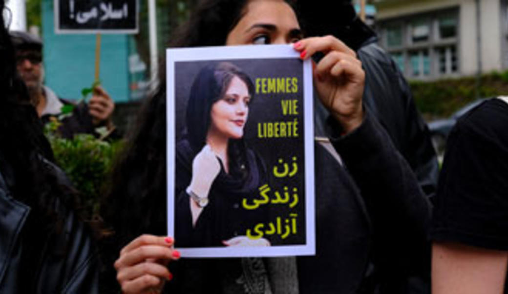 Protestors take part during a demonstration in front of the Iranian embassy in Brussels, Belgium on Sept. 23, 2022, following the death of Mahsa Amini.